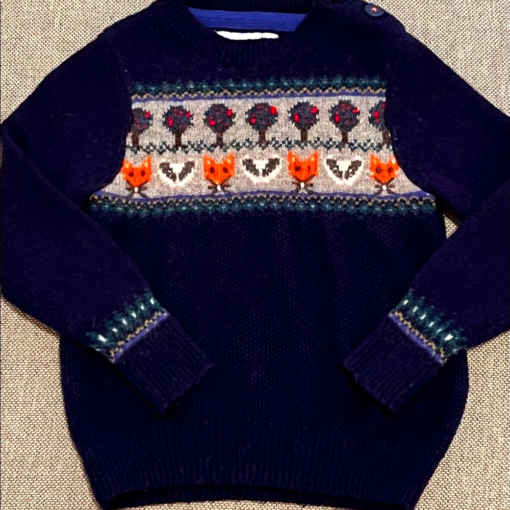 Mini Boden wool fox & badger sweater, navy, size 2-3 yrs
